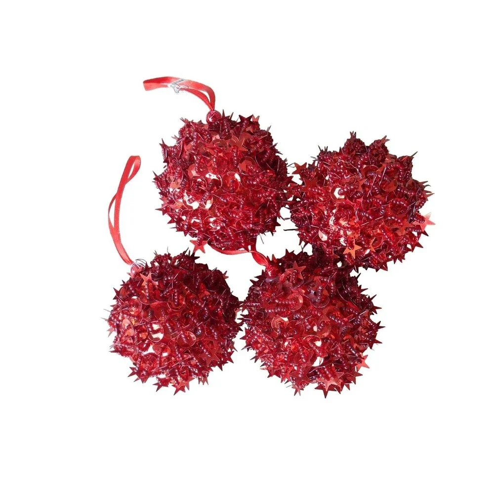 Seasons of Cannon Falls 4 Ruby Red Sequin and Beaded Ball Ornaments 2.5 in
